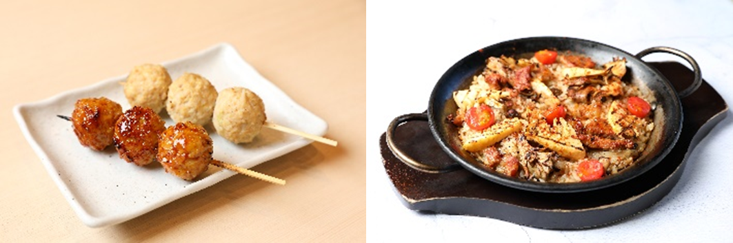 画像左より、焼鳥 ここりこ庵「筍入りつくね串」、リゴレット バーアンドグリル「イベリコ豚ときのこ・筍のパエージャ」
