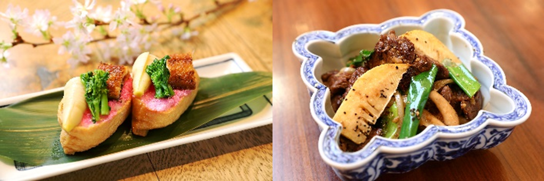 画像左より、鰻處 黒長堂／ぴんとこな「鰻入り春のいなり寿司」、中国料理 ゴールデンタイガー「筍と牛肉の黒胡椒炒め」