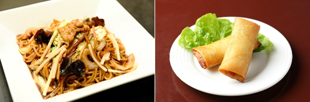 画像左より、南翔饅頭店「筍入り上海焼きそば」、梅蘭「たけのこ入り春巻」