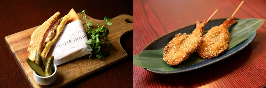 画像左より、グランド ハイアット 東京「グリルド・キュバーノサンドイッチ」、インド料理 ディヤ「インド風海老のゴマ揚げ」