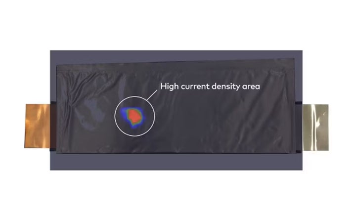 蓄電池検査システムの画像および検知イメージ画像（発火リスクのある箇所が異なる色を表示）