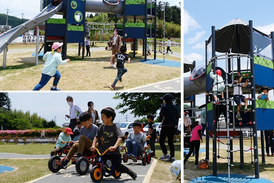 2023年に増設された複合型の遊具と その周りを囲む三輪車サーキットで遊ぶ様子 （2023年5月12日）