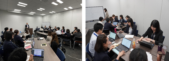 ※プロジェクトメンバーへメッセージを伝える代表取締役社長 小谷野悦光（左）と参加者によるワーキングの様子（右）
