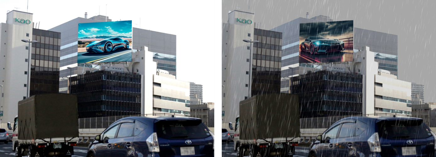 『HITウェザー』の天気と連動したクリエイティブの出し分けイメージ（左）「晴れ」（右）「雨」