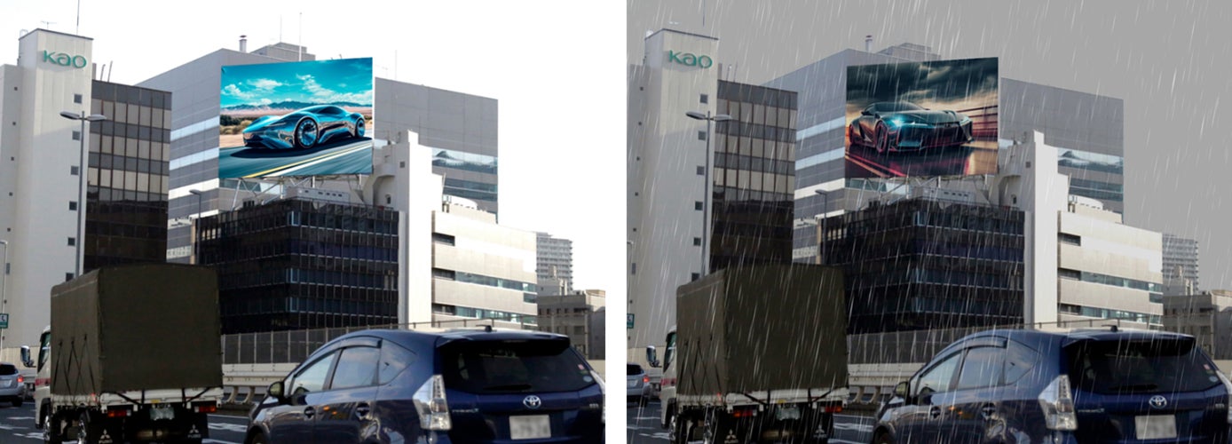 『HITウェザー』の天気と連動したクリエイティブの出し分けイメージ(左)「晴れ」(右)「雨」