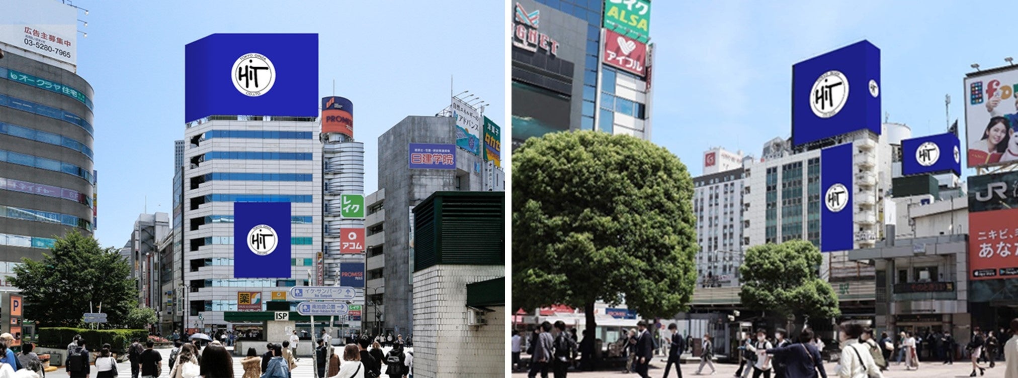 『DOOHサブスクプラン』対象メディアに追加された『池袋ヒットビジョン』（左）と『シンクロ7シブヤヒットビジョン』（右）