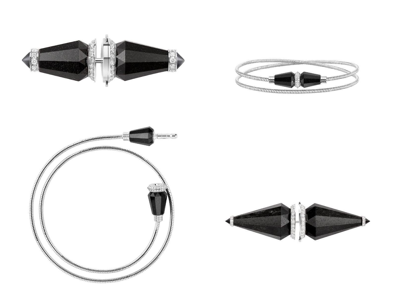 左上から時計回り  Jack de Boucheron Ultime イヤリング、ブレスレット、ブローチ、ブレスレット(全て非売品) ⒸBOUCHERON