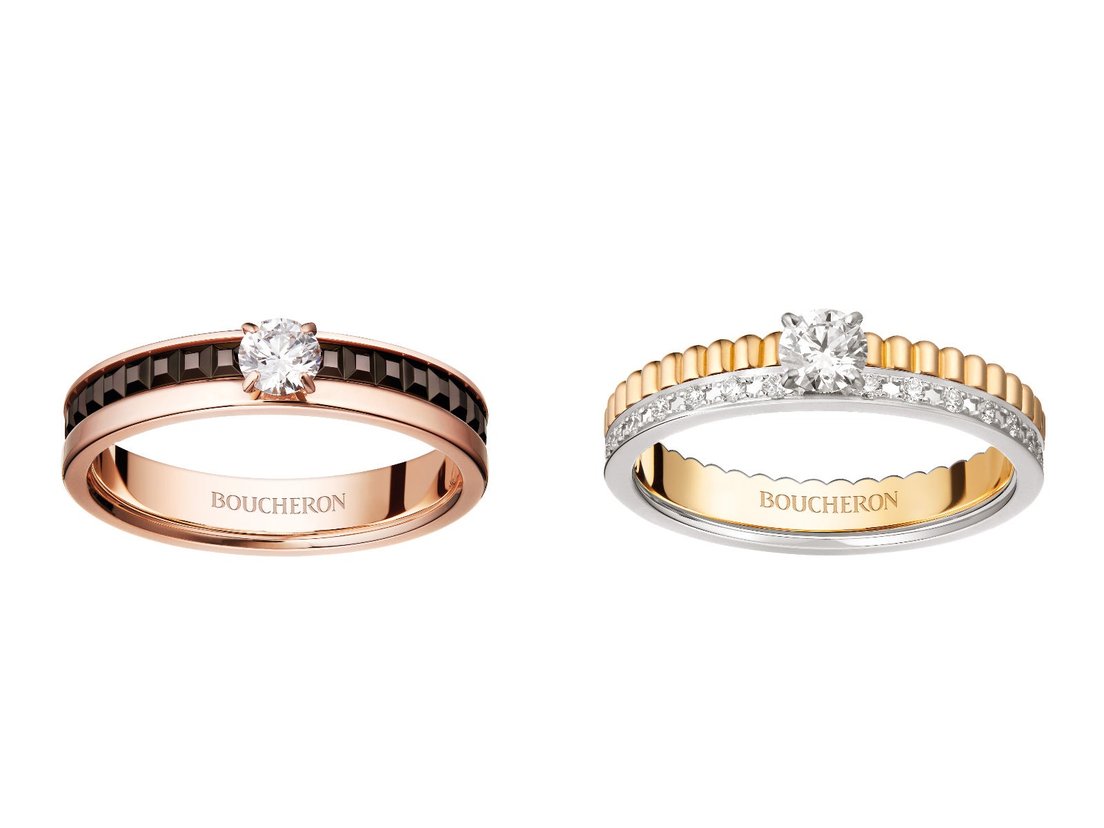 左:キャトル クラシック ソリテール リング 右:キャトル ラディアント ソリテール リング ⒸBOUCHERON