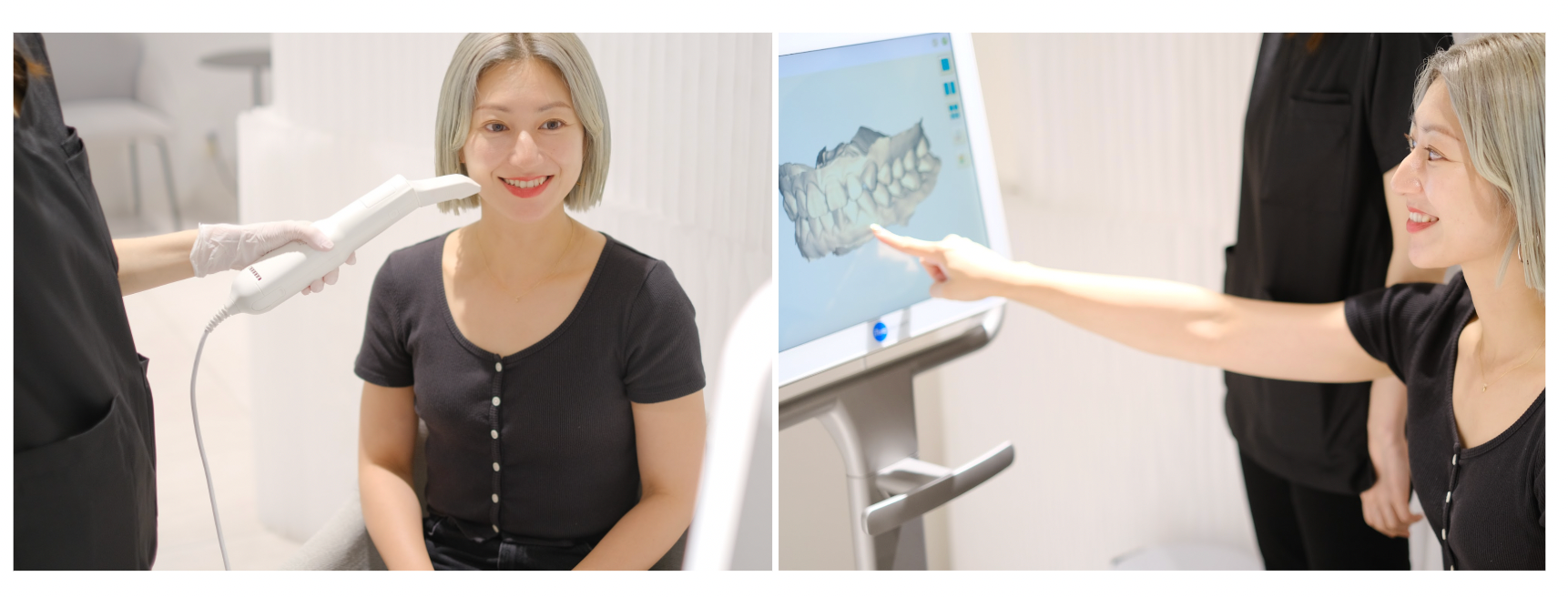 （左）3D歯型スキャンを行っている様子、（右）実際の画像を見てDr.と話している様子※出演協力b-monsterパフォーマーSAORIさん