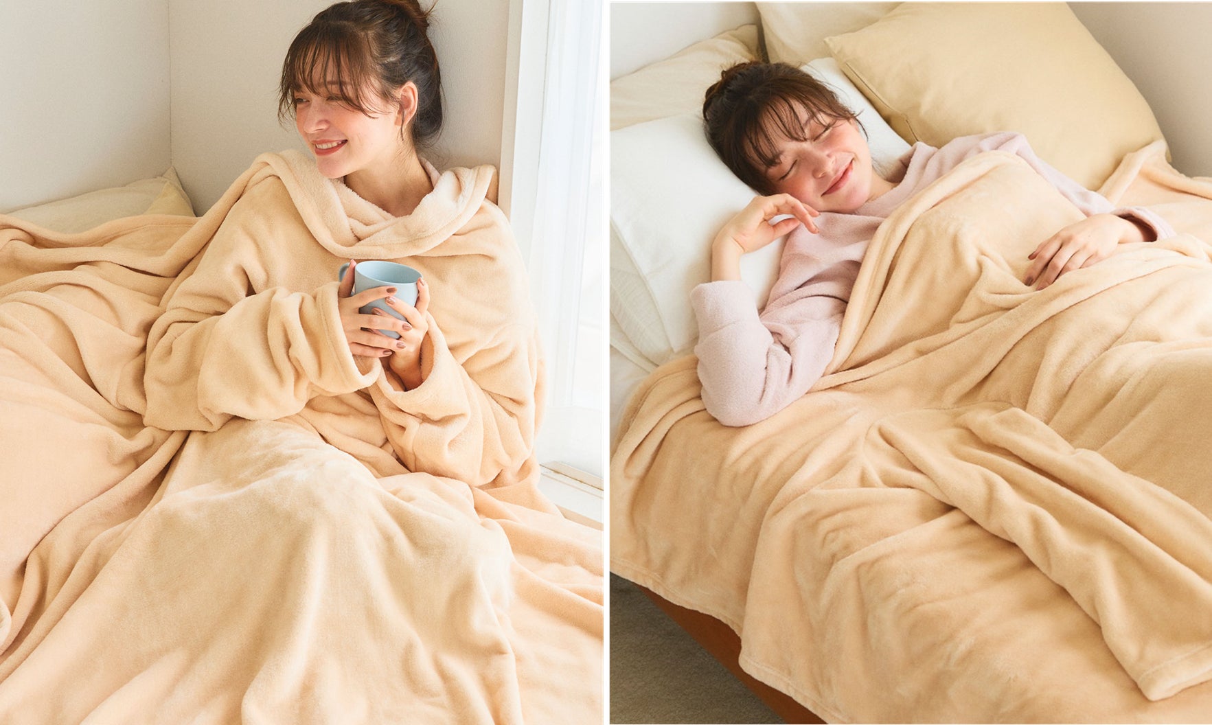 冷え込む朝や夜の受験勉強、冬キャンプにも大活躍の全身すっぽりで温かい、前から腕を通せる袖付き毛布「着る毛布」の新シリーズ「袖付き毛布」が11月中旬より販売開始