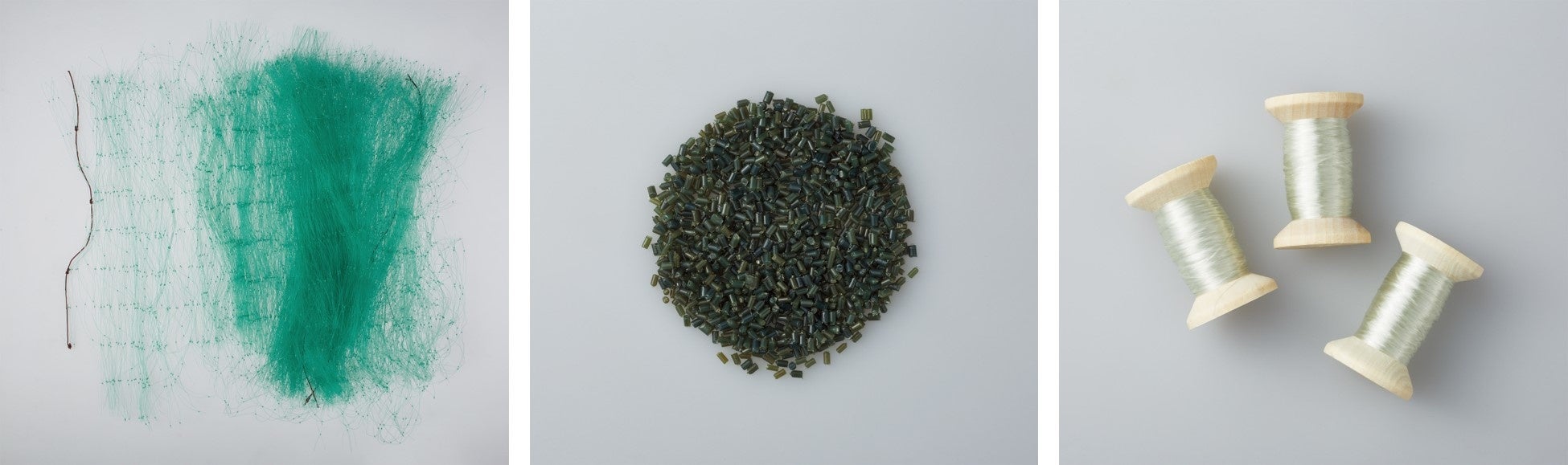 (左から)漁網、再生加工されたペレット(REAMIDE®)、ナイロン糸