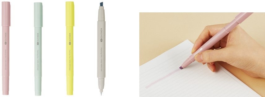 （左）2ウェイマーキングペン　ラインアップ、（右）使用イメージ