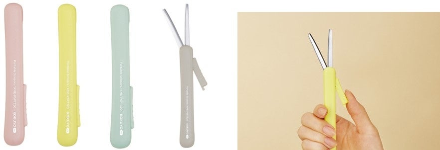 （左）携帯ハサミ　ラインアップ、（右）使用イメージ