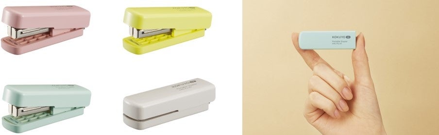 （左）ポータブルステープラー　ラインアップ、（右）使用イメージ