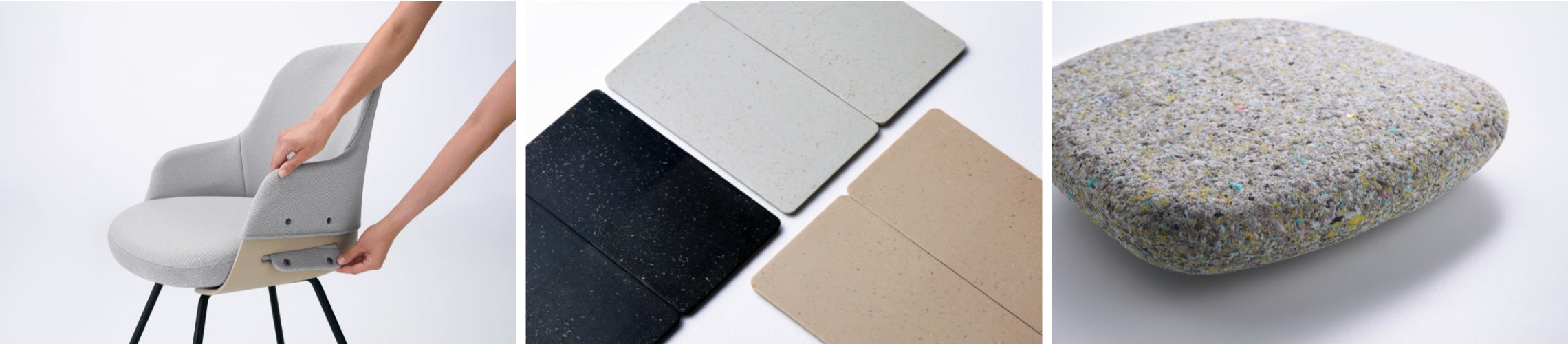 （左から）カバーリング背クッション、バイオマスプラスチック（TEXa）、チップモールドウレタン