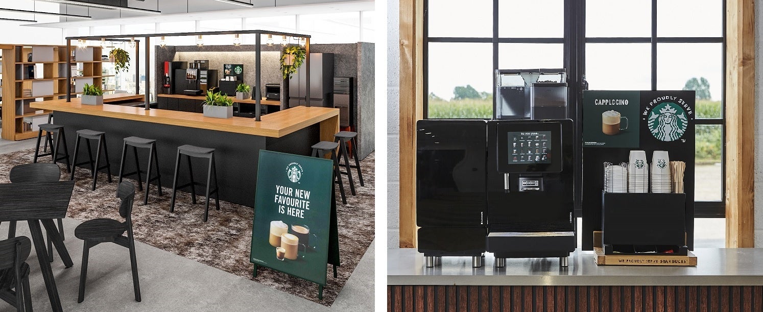 写真左:「DAYS OFFICE CAFE」、写真右:「We Proudly Serve Starbucks® コーヒープログラム」のカフェ用アイテム