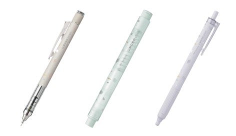（左から）シャープペンシル「モノグラフ」、ホルダー消しゴム「モノスティック」、 油性ボールペン「モノグラフライト」