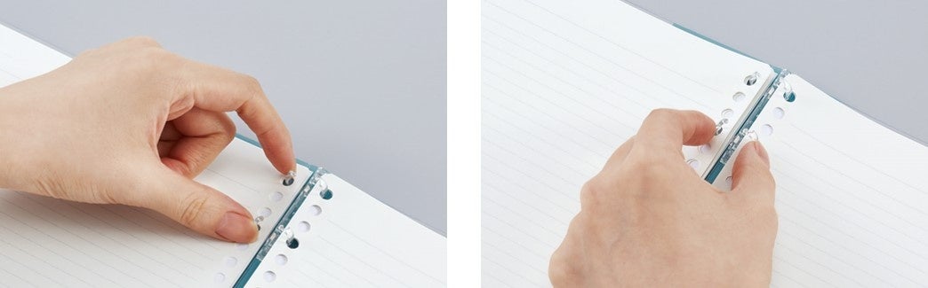 （左）リングを開ける時、（右）リングを閉じる時