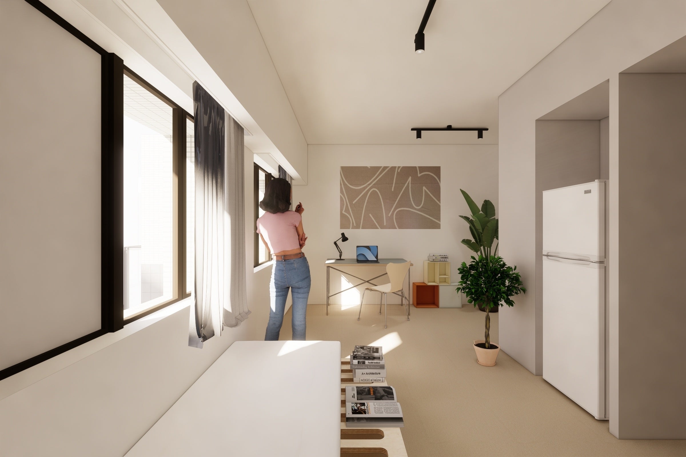 Room E（25.4㎡-） シャワー・トイレ完備の2人入居可能なプラン。