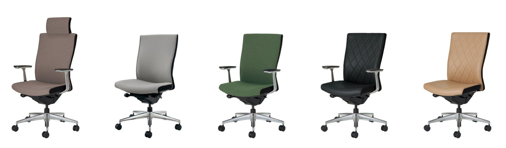 （左から）布張りタイプのダークグレージュ、ソフトグレー、ディープグリーン、 キルティングタイプのブラック、モカグレージュ