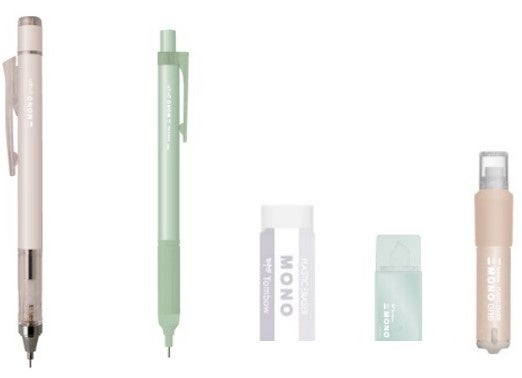 （左から）シャープペンシル「モノグラフ」、「モノグラフライト」、消しゴム「モノ」、 修正テープ「モノポケット」、ホルダー消しゴム「モノワン」