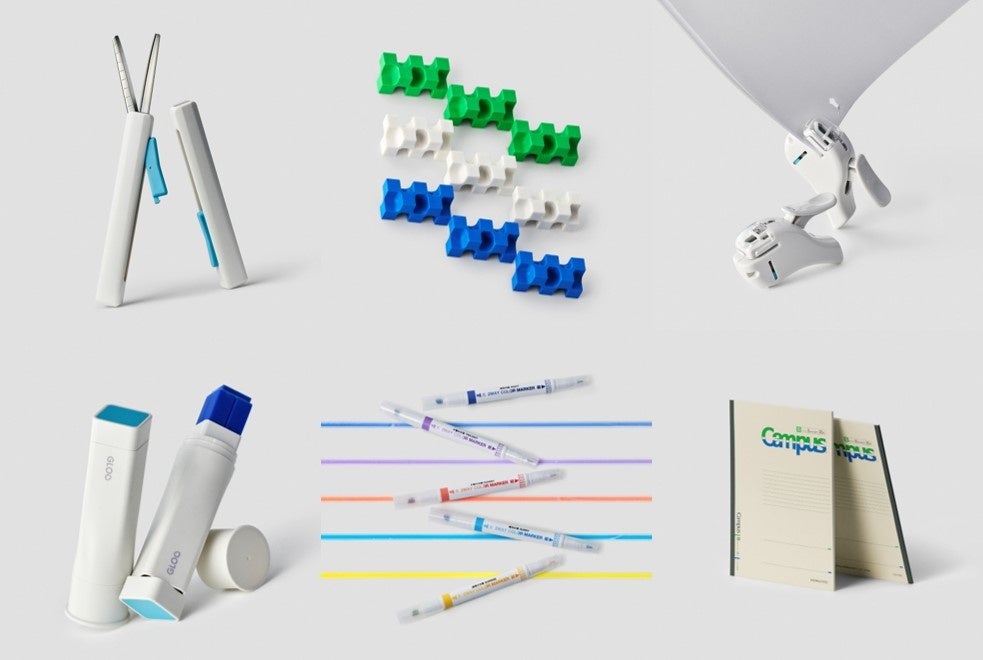 左上から（1）スライド式ハサミ、（2）カドがたくさんある消しゴム、（3）針なしホッチキス、（4）スティックのり、（5）マーカーセット、（6）キャンパス綴じノート