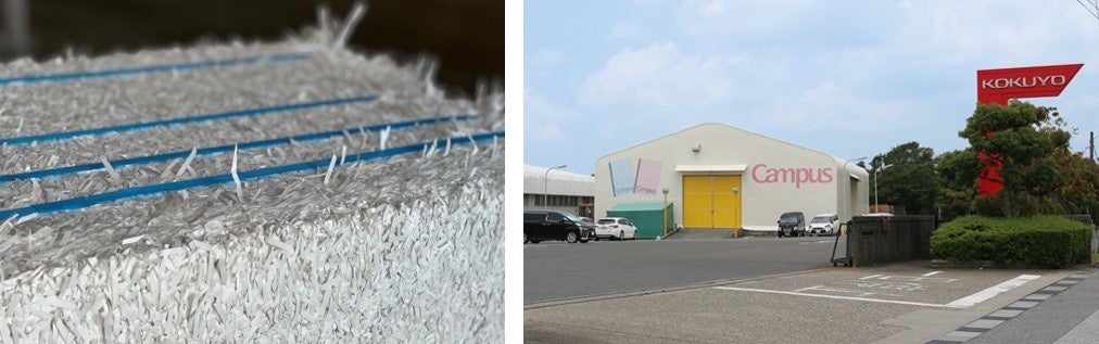 （左）製造工程で出る紙端材、（右）コクヨ工場滋賀　外観