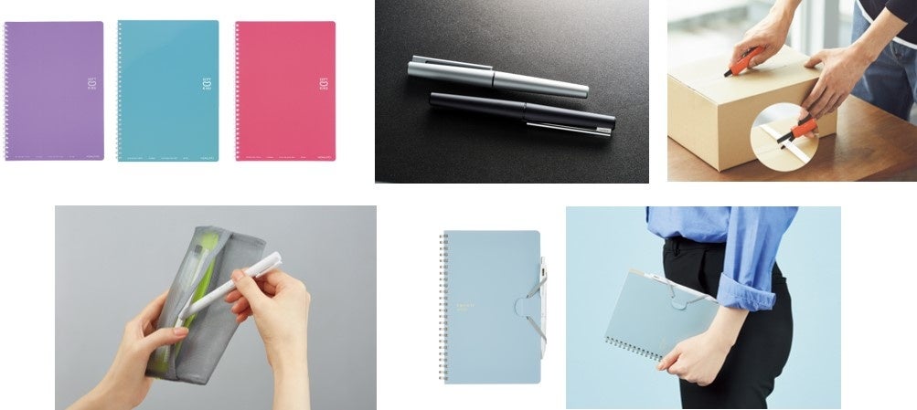上段左から ：「ソフトリングノート」、「WPシリーズ」、「2Way携帯ハサミ＜ハコアケ＞オレンジ」／下段左から ：「ペンケース＜スリッシュ＞」、「ソフトリングノート＜Penott＞」