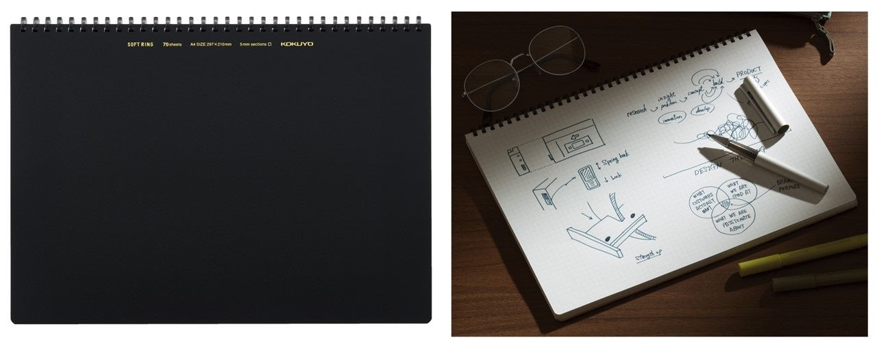 （左）「ソフトリングノート（ビジネス）」A4サイズ　5mm方眼罫タイプ　（右）使用イメージ