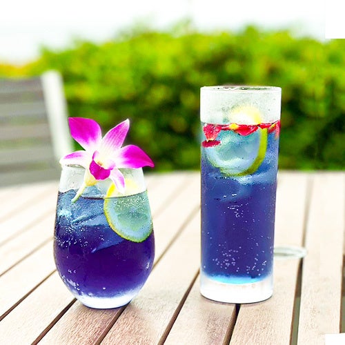 リストランテAO 逗子マリーナ限定ドリンク「mare azzurro 紺碧の海」 右：カクテル  左：ノンアルコール