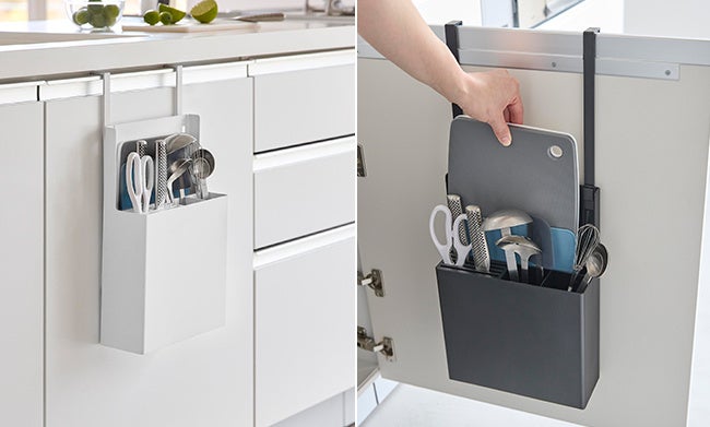 キッチンツールをまとめて収納できるホルダーや、マグネットで取り付け