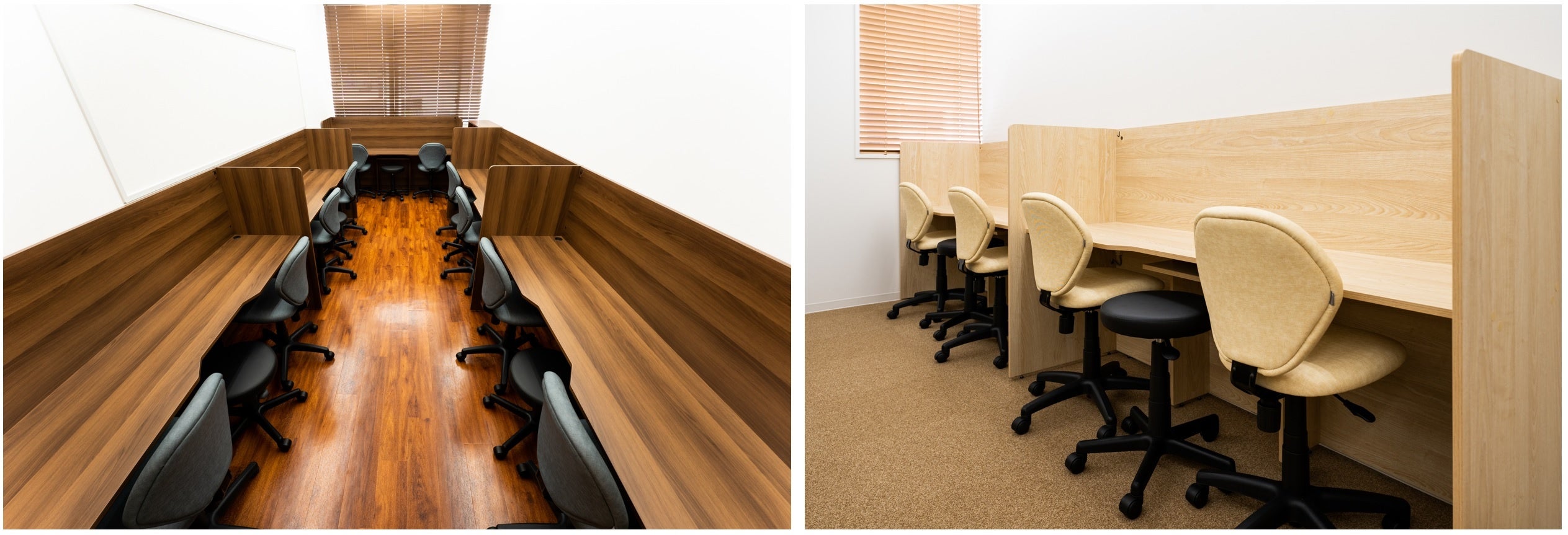 左が高校生用、右が小中学生用の個別指導室です。机や椅子、照明など学習に最適な設計になっています。