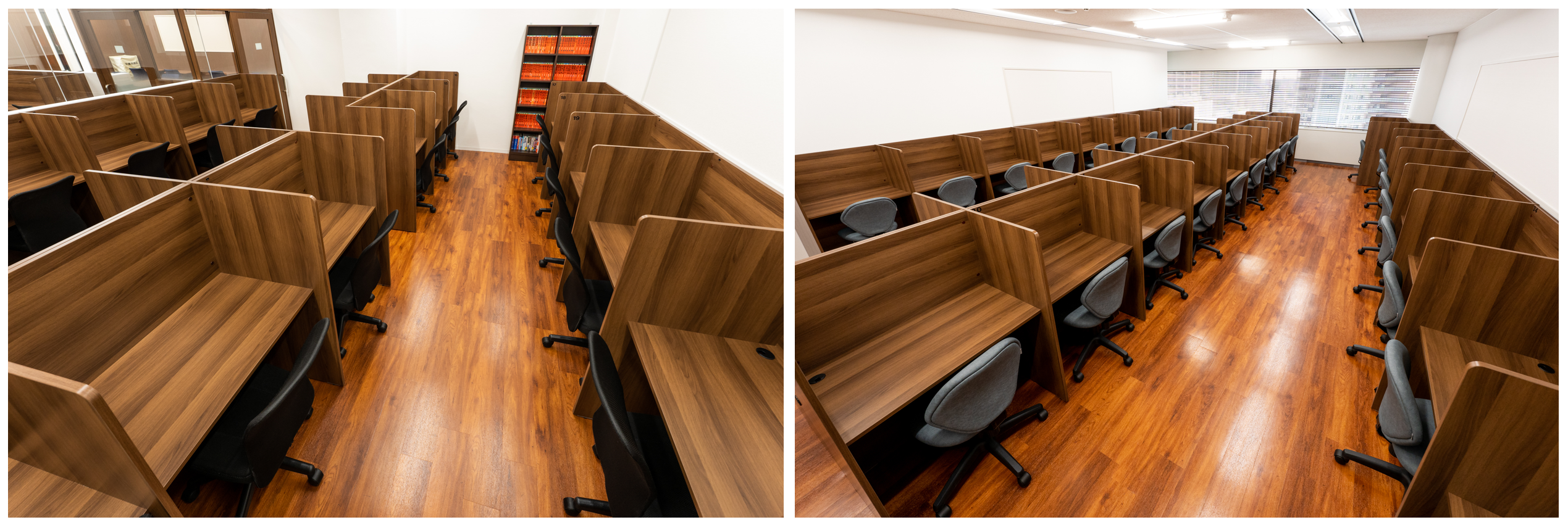 パーティションで個別に仕切られた自習室は、落ち着いた雰囲気で学習に集中できる環境です。授業がない日でも自由に利用することができます。