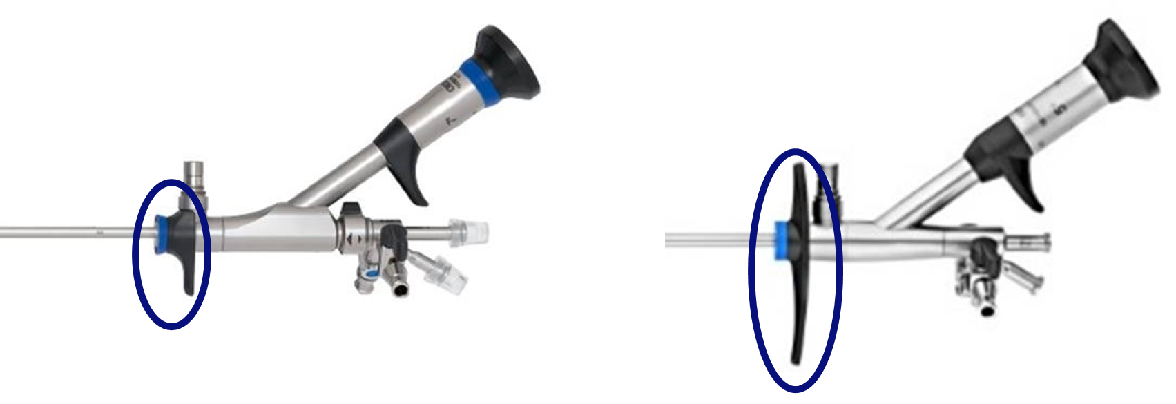 左：従来機種、右：OES ELITE ウレテロレノスコープ　　ハンドルを握る際に指をかける部分を長くしたことで、より握りやすい形状としている。