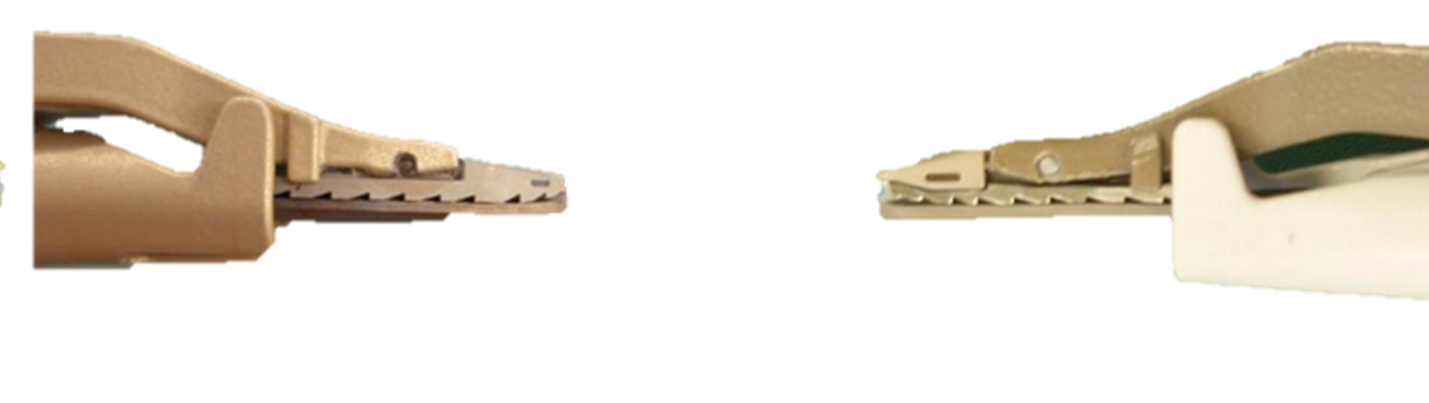 ▲デバイス先端 （左）従来機種、（右）THUNDERBEAT Open Fine Jaw Type X