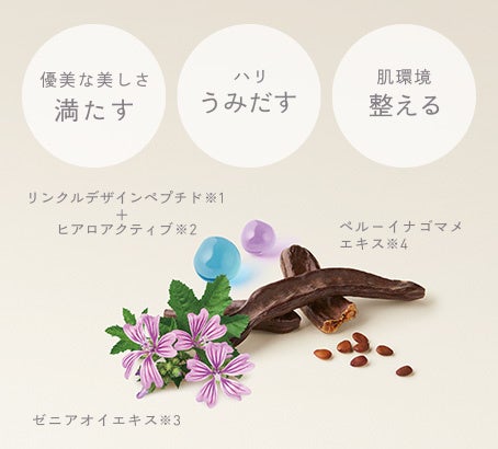 ※1 パルミチン酸ヘプタペプチド-15、パルミトイルヘプタペプチド-14銅 ※2 パルミチン酸ヘプタペプチド-15、パルミトイルテトラペプチド-50 ※3 ゼニアオイ花/葉/茎エキス ※4 カエサルピニアスピノサ果実エキス(以上、全て整肌成分)