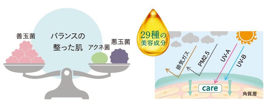 左／ゆらぎ肌の原因のひとつが、肌の常在菌バランスがくずれてしまうこと。右／選び抜かれた美容成分が、細胞の一つひとつにうるおいを届け、アクアポリンをサポートします。