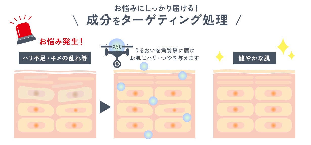 ※1 (乳酸／グリコール酸)コポリマー、クロレラエキス、ポリビニルアルコール、パルミチン酸ヘプタペプチド-15(ハリケア成分) ※2 角質層まで