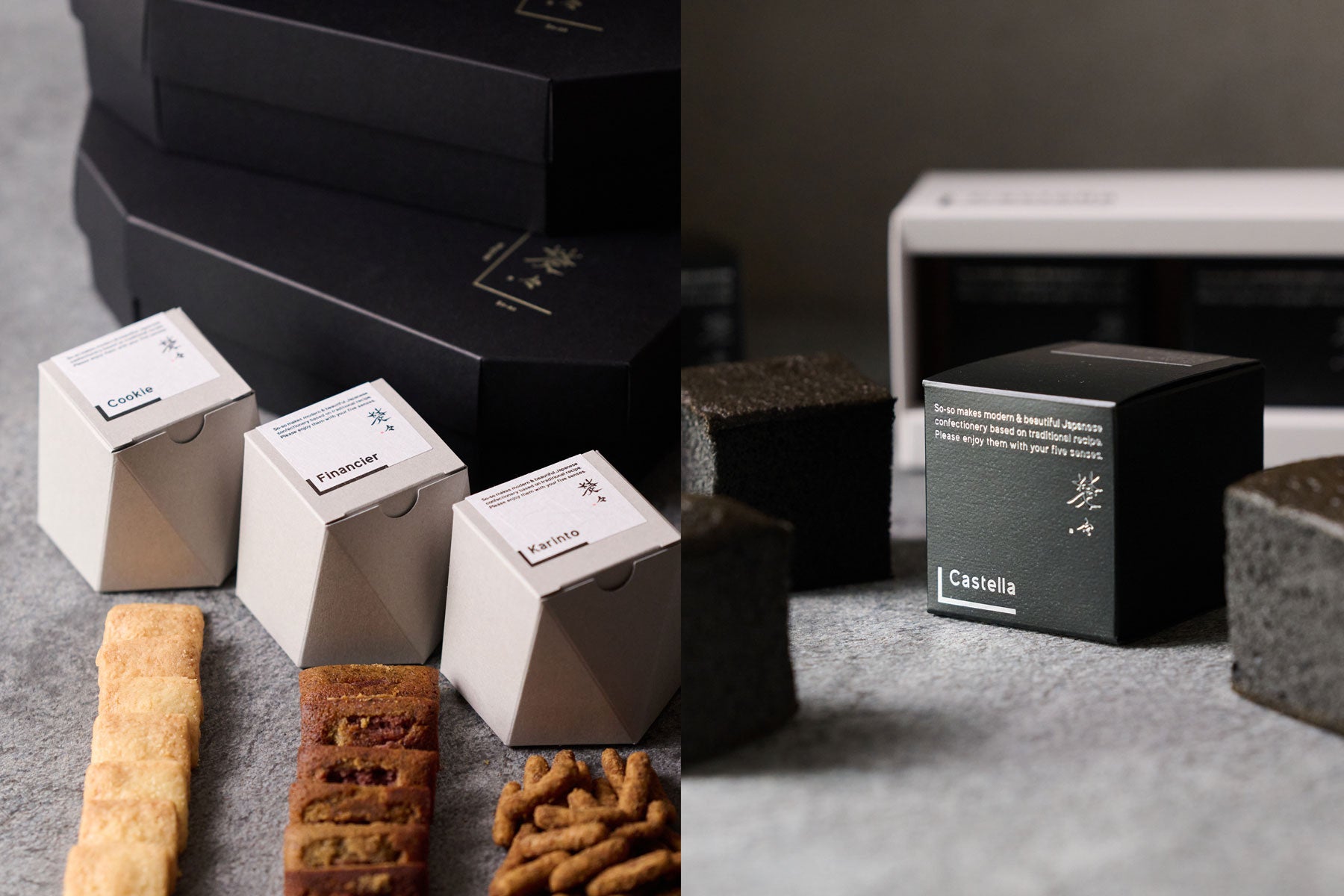 左)Baked Sweets Box ／ 右)Black Cube Castella