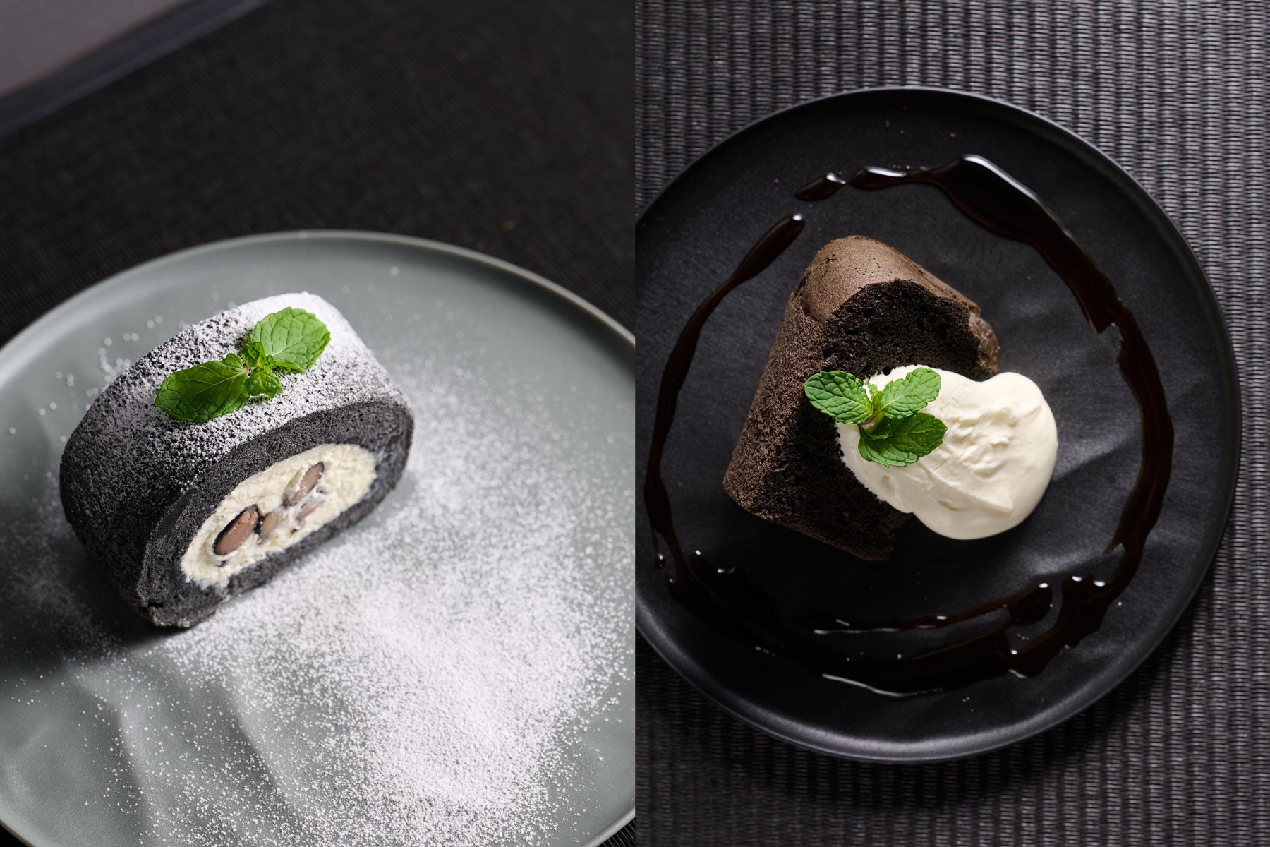 左)ZENロールケーキ ／ 右)黒いシフォンケーキ