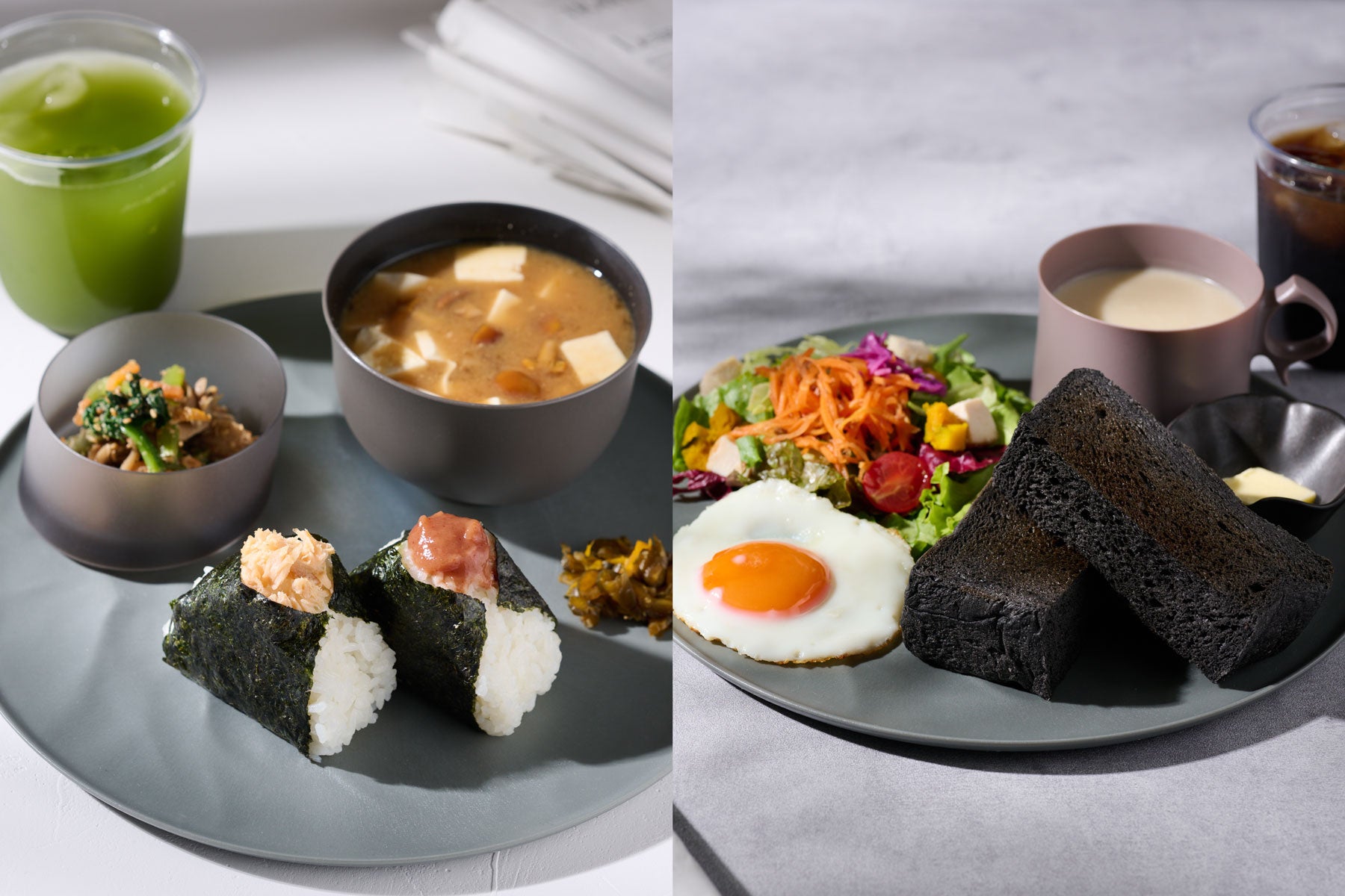 左)おにぎりセット ／ 右)トーストセット