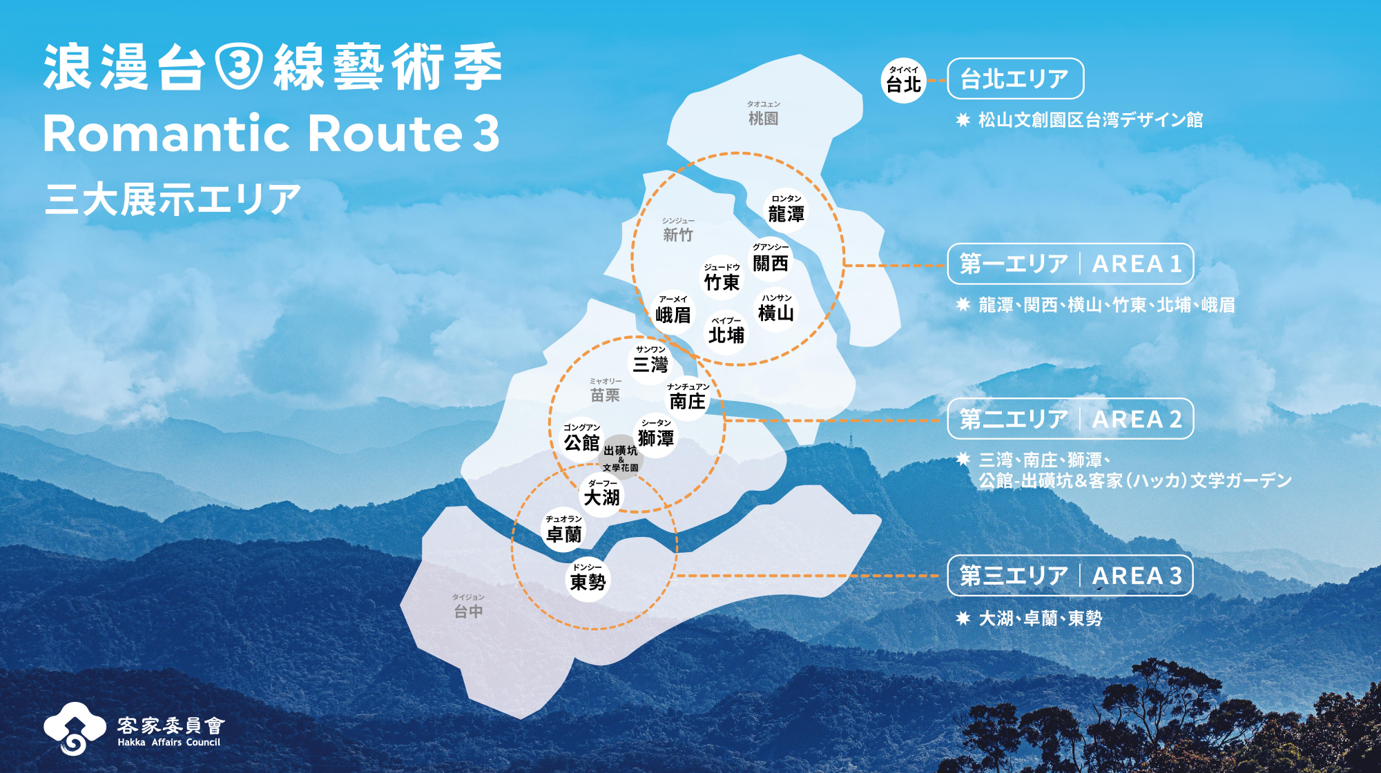 今回は台三線に3つの展示エリアが設けられています。サービスセンター、休日情報ステーションをそれぞれ3ヵ所設置。台三線へ出発する前に、全体像を把握するため台北での展示をご覧になるのもおすすめです。©️ロマンチック台三線芸術祭