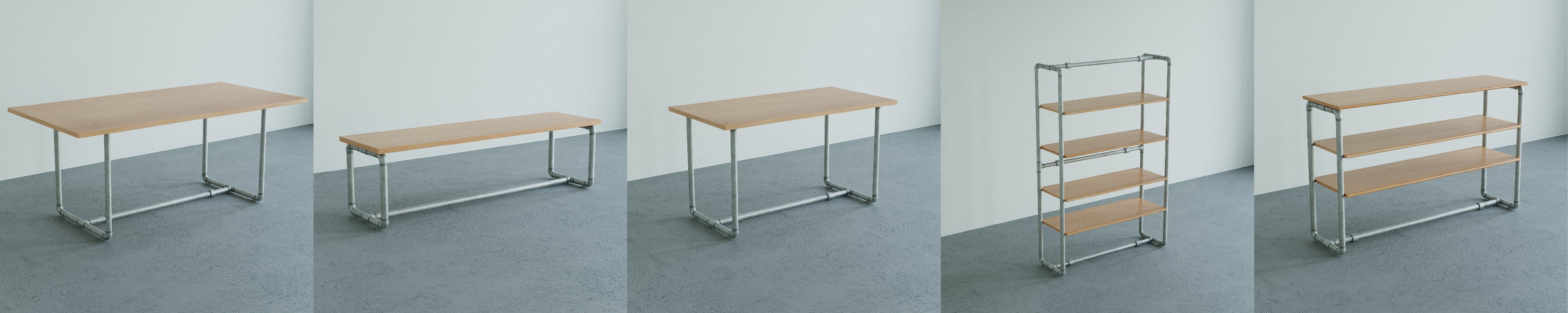 左から、ミーティングテーブル、ベンチ、デスク、シェルフ、サイドシェルフ