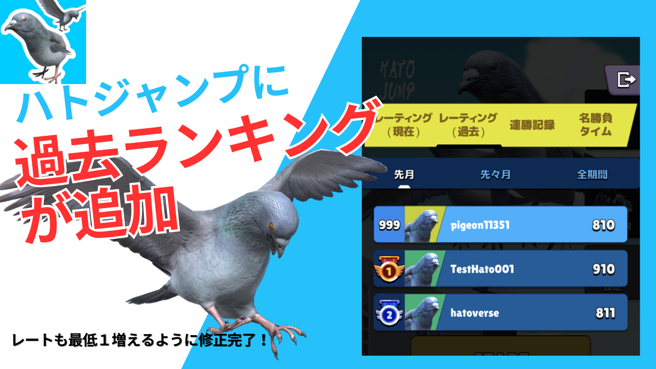 「ハトジャンプ」アップデートで過去ランキング追加！レート機能も調整され更に熱いバトルに！4/28実施