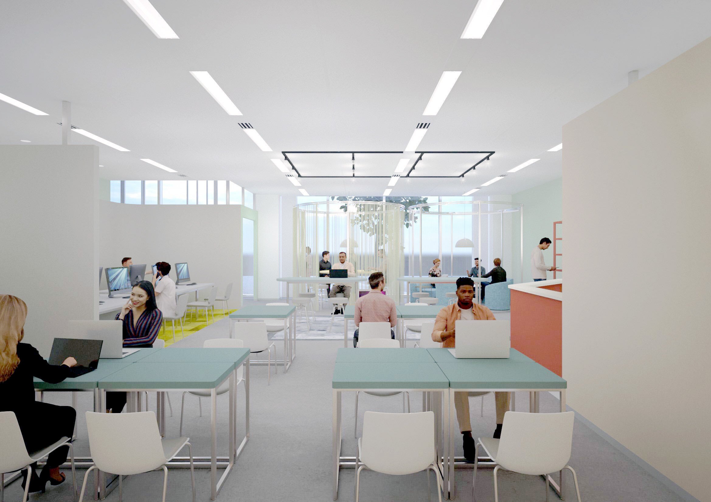 PC席だけでなく、少人数で集まれるワークスペースも併設