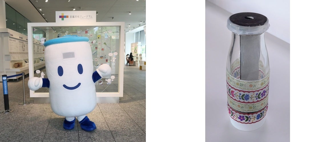 （左）当社グループマスコットキャラクター缶くんがお出迎え！（右）工作例：ガラスびん万華鏡
