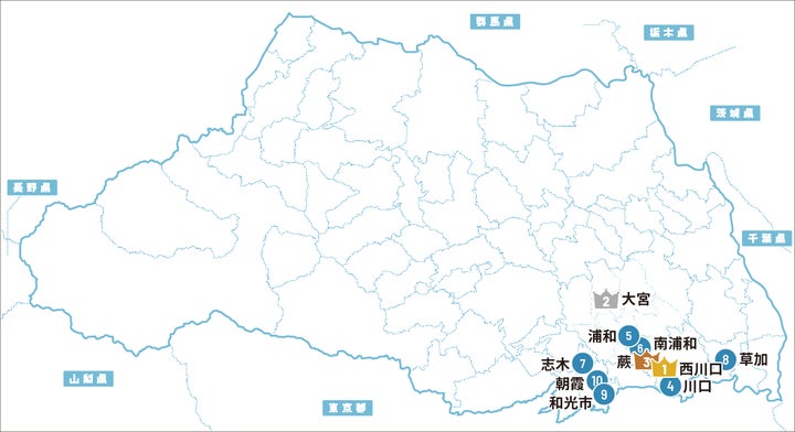 JR京浜東北線沿線が１～6位を占め、7位以降には東武鉄道沿線が連続ランクイン