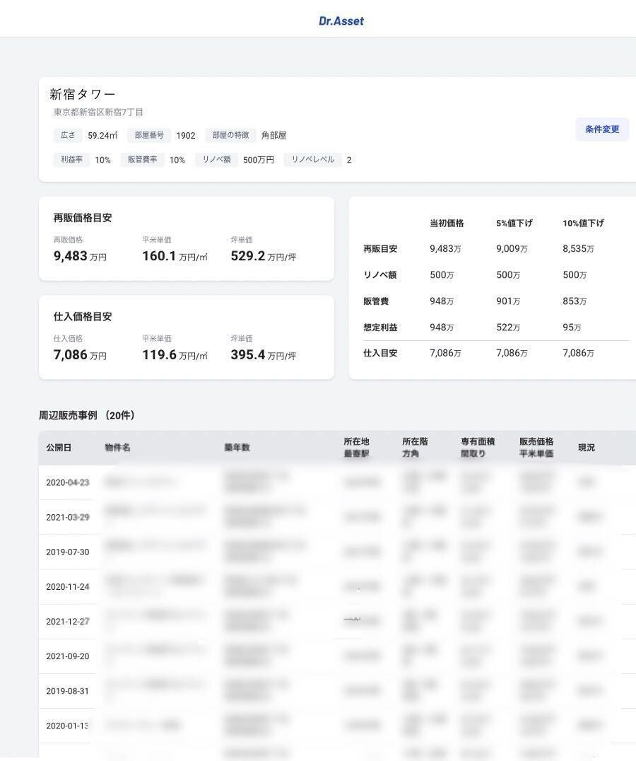 パッとわかる！査定結果画面。1.仕入れ価格  2.リノベ後の再販価格  3.利益がいくら出せるか  を一気通貫して見通せるの見える化を実現。