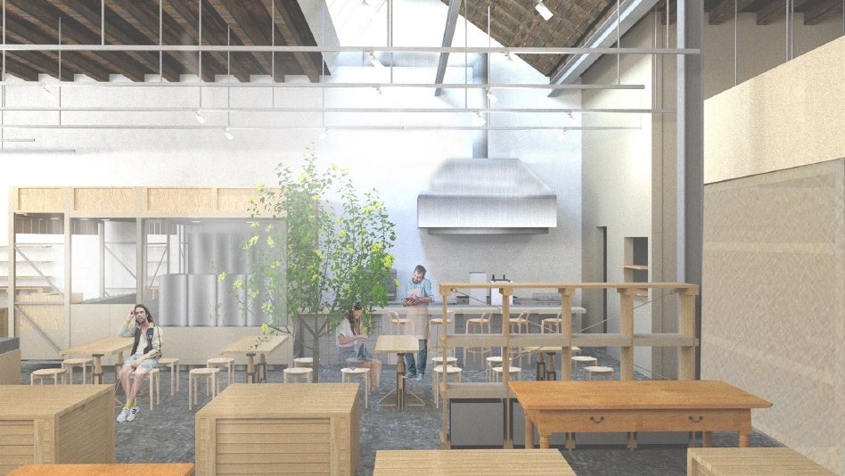 「DASHI OKUME」のイートインスペースのイメージ（棚より奥）。