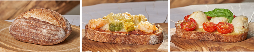 左から「カンパーニュ・オ・ルヴァン」ハーフ320円／1本640円、「エビアボカドのタルティーヌ」330円 、「トマトとクリームチーズのバジルタルティーヌ」350円